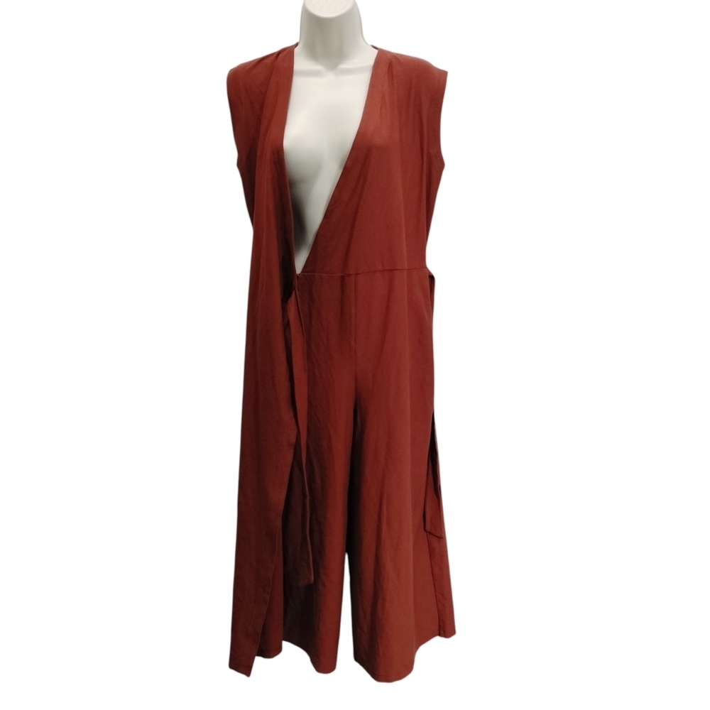 Eileen Fisher Petite Wrap Jumpsuit Crepe Wide Leg Deep Pekoe Rust Cropped PP - Picture 5 of 8